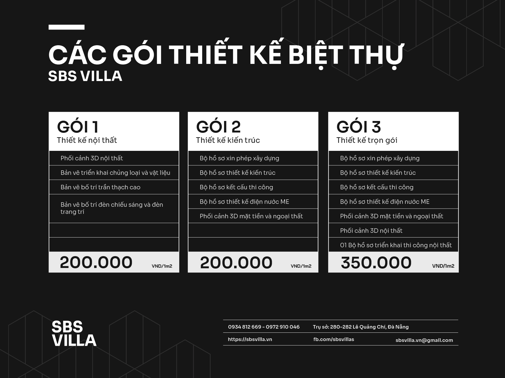 Bảng báo giá mới nhất các gói thiết kế biệt thự tại Đà Nẵng của SBS VILLA đầu năm 2024