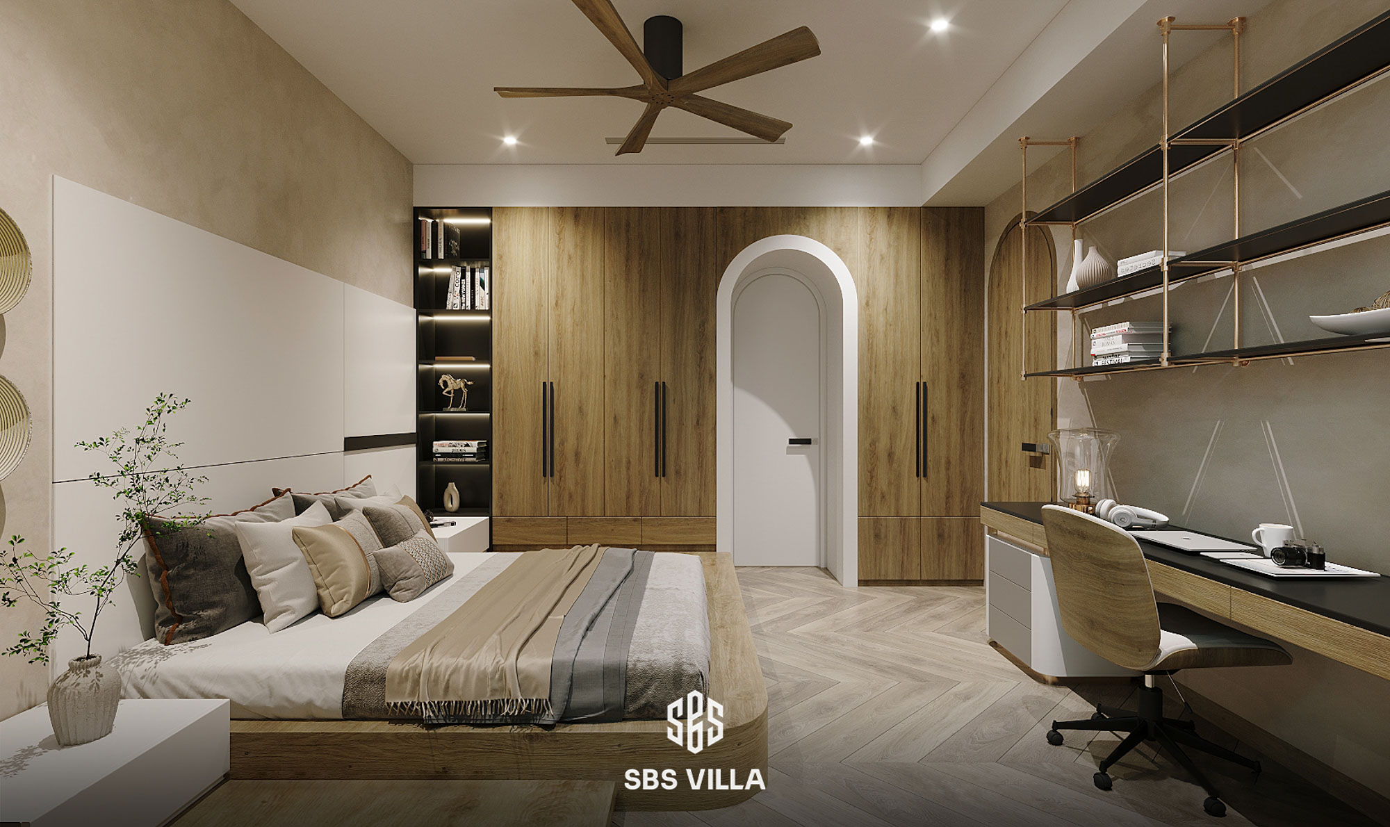 Không gian phòng ngủ được kiến tạo từ chất liệu gỗ thô mộc, mang cảm giác gần gũi