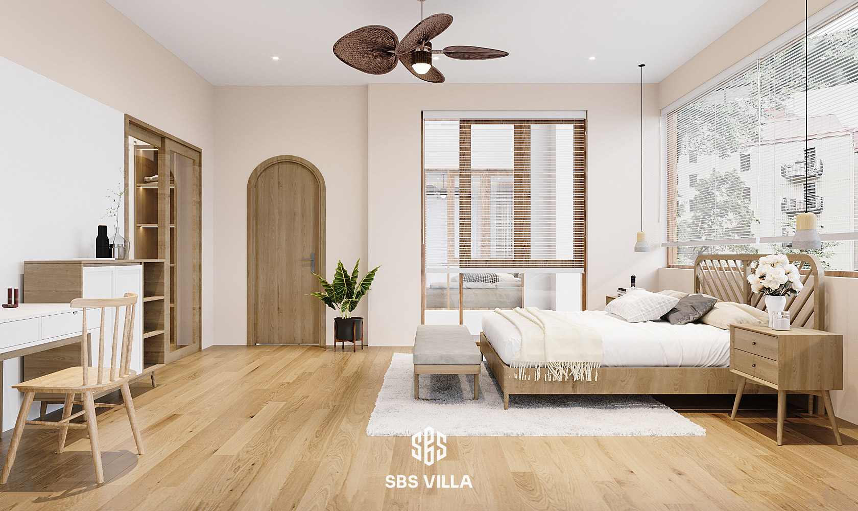 Nội thất phòng ngủ biệt thự hiện đại được tạo nên từ chất liệu gỗ thô mộc
