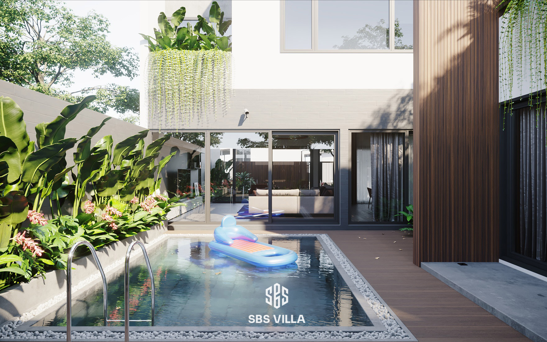 Thiết kế bể bơi tích hợp giữa lòng biệt thự nhà vườn 2 tầng