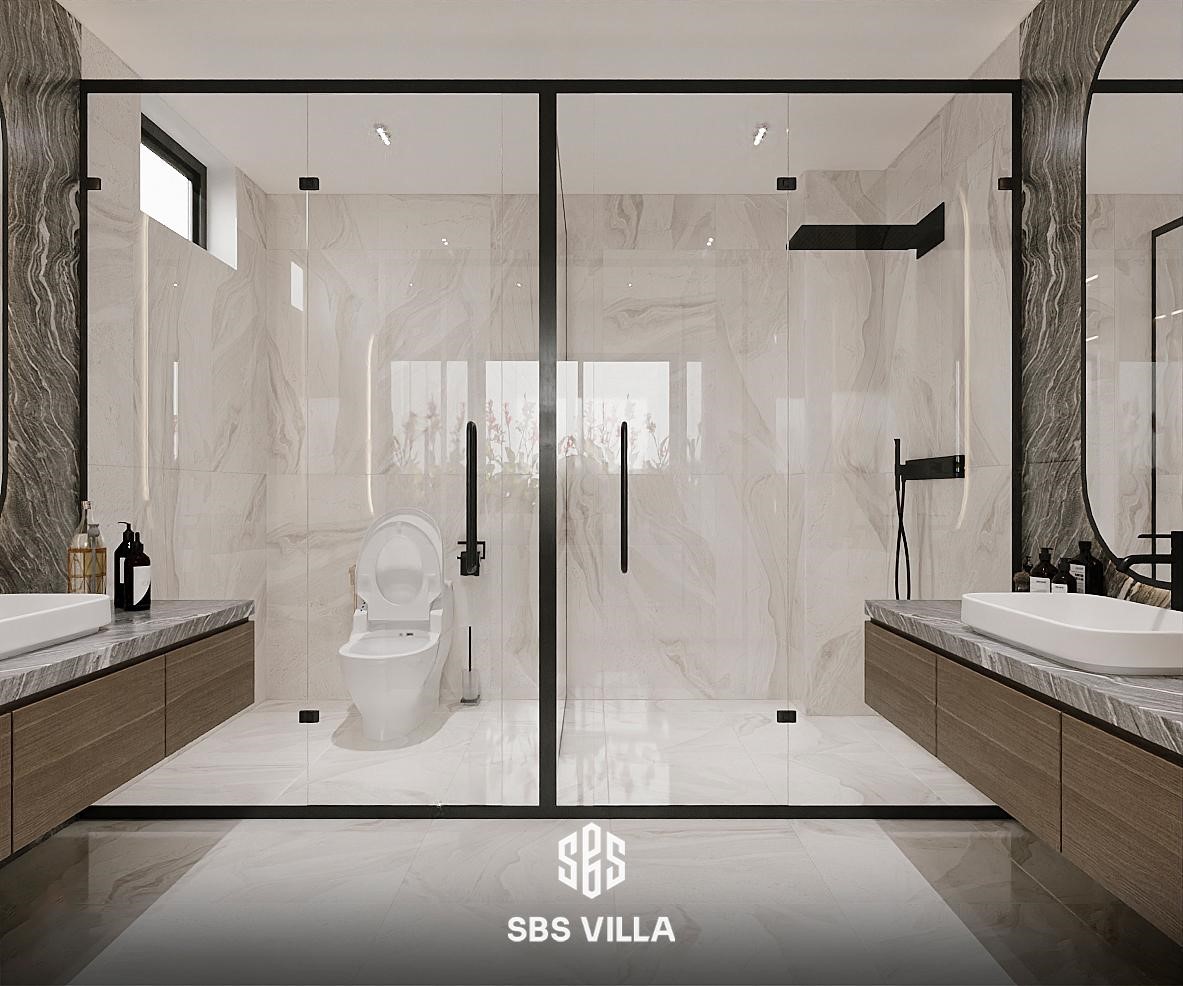 Không gian nhà tắm được ngăn cách nhau bởi hệ vách kính lớn, tạo nên nét đẹp hiện đại, rộng mở