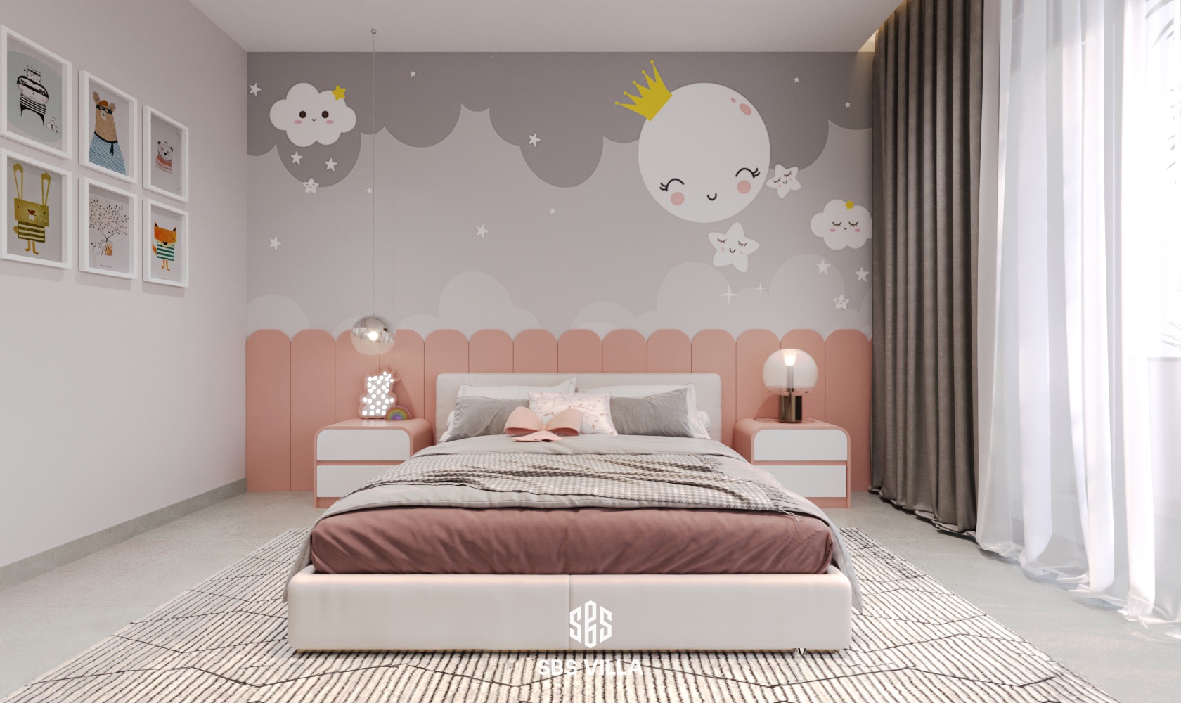 Phòng ngủ cho bé mang tone màu hồng - xám tươi sáng