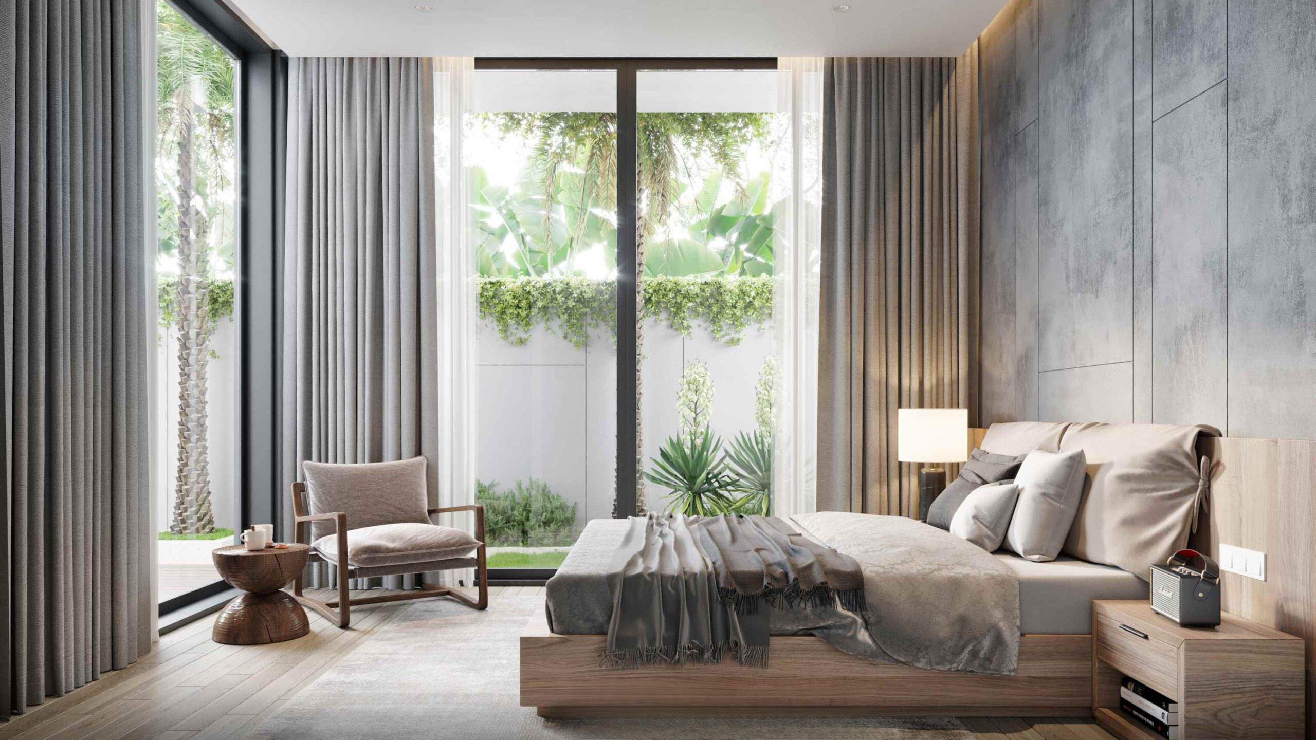 Không gian phòng ngủ mang nét đẹp mộc mạc, kết nối thiên nhiên qua các tấm kính lớn 