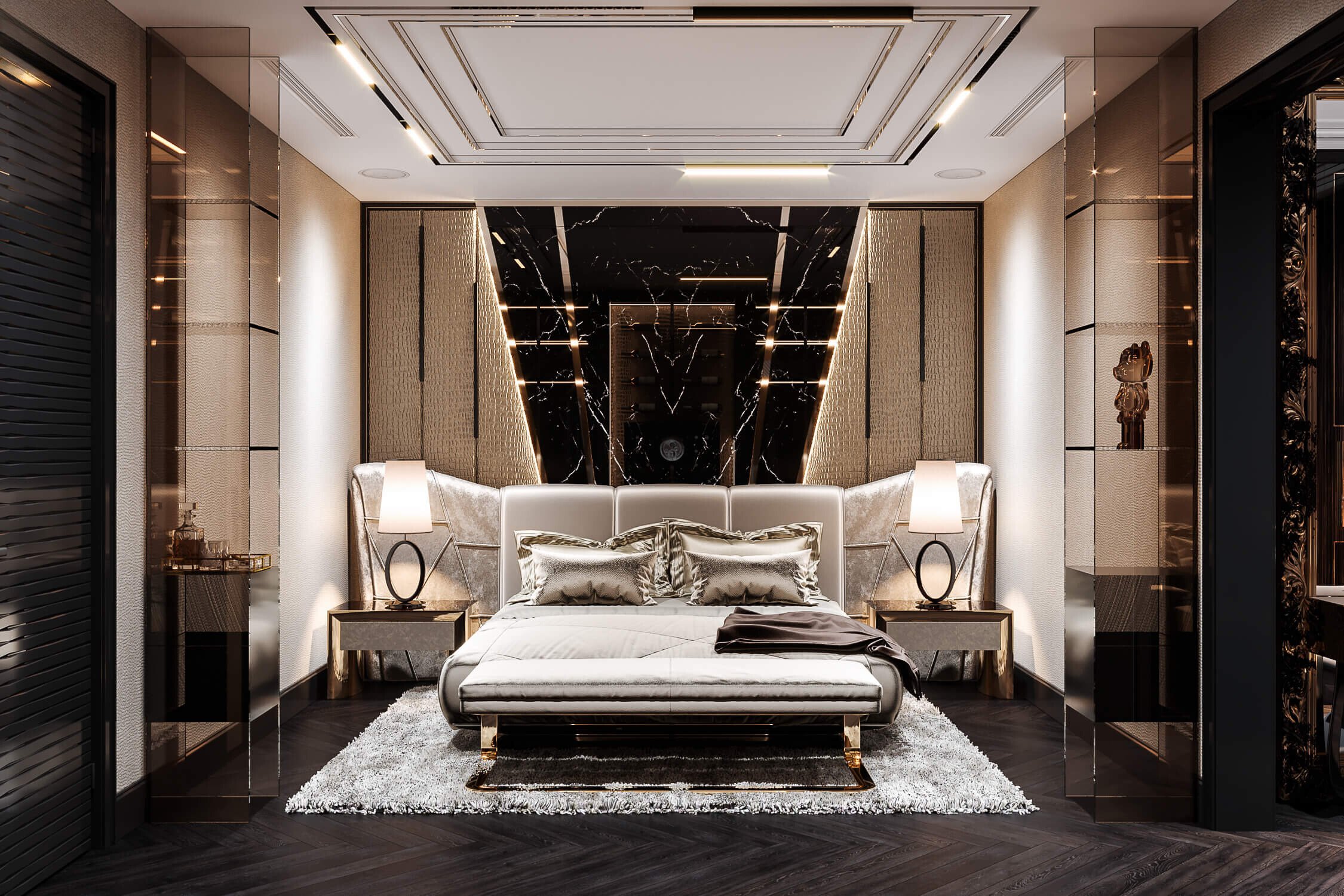 Phòng ngủ phong cách Modern Luxury nổi bật với chất liệu ánh kim hào nhoáng