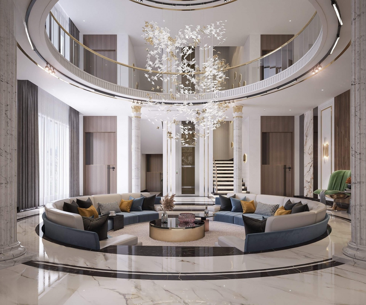 Thiết kế sofa âm sàn trở thành điểm nhấn chủ đạo của không gian phòng khách biệt thự