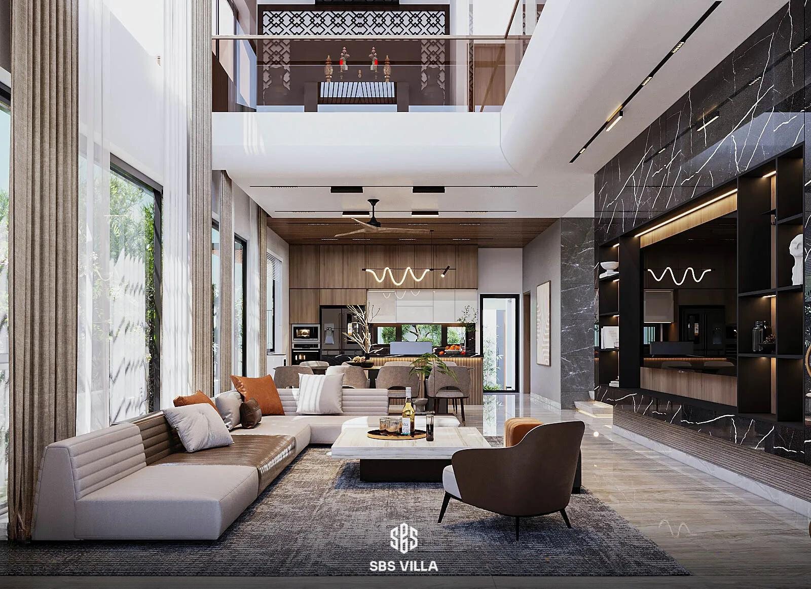 Nội thất của D's Villa áp dụng lối kiến trúc mở, thông tầng, tạo cảm giác rộng rãi, bề thế