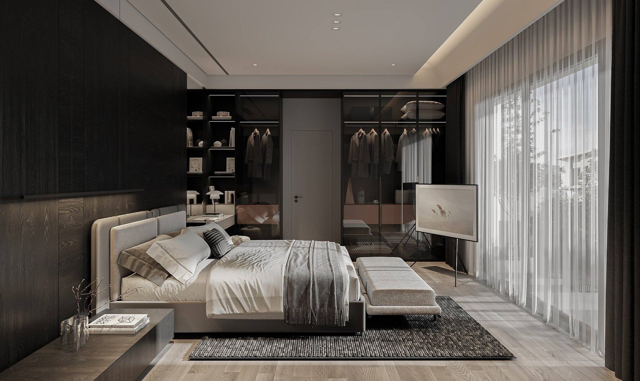 Không gian phòng ngủ được thiết kế thoáng, mở, sử dụng chất liệu gỗ tạo cảm giác ấm cúng