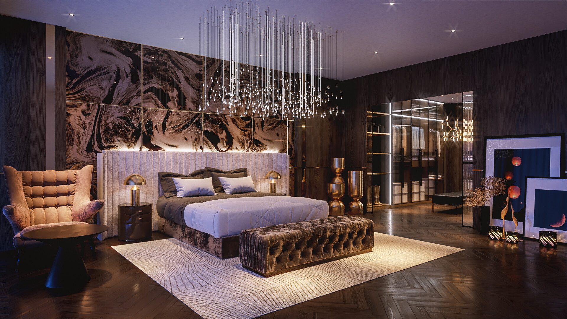 Phòng ngủ Luxury được tạo nên từ các chất liệu sang trọng như gỗ tự nhiên, kim loại PVD cao cấp