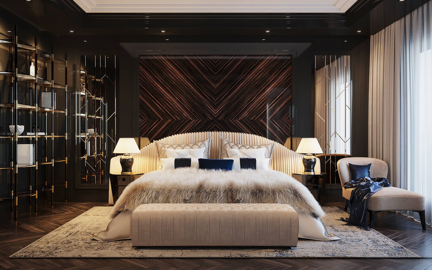 Mẫu phòng ngủ luxury nổi bật với hiệu ứng ánh kim xa xỉ, hào nhoáng