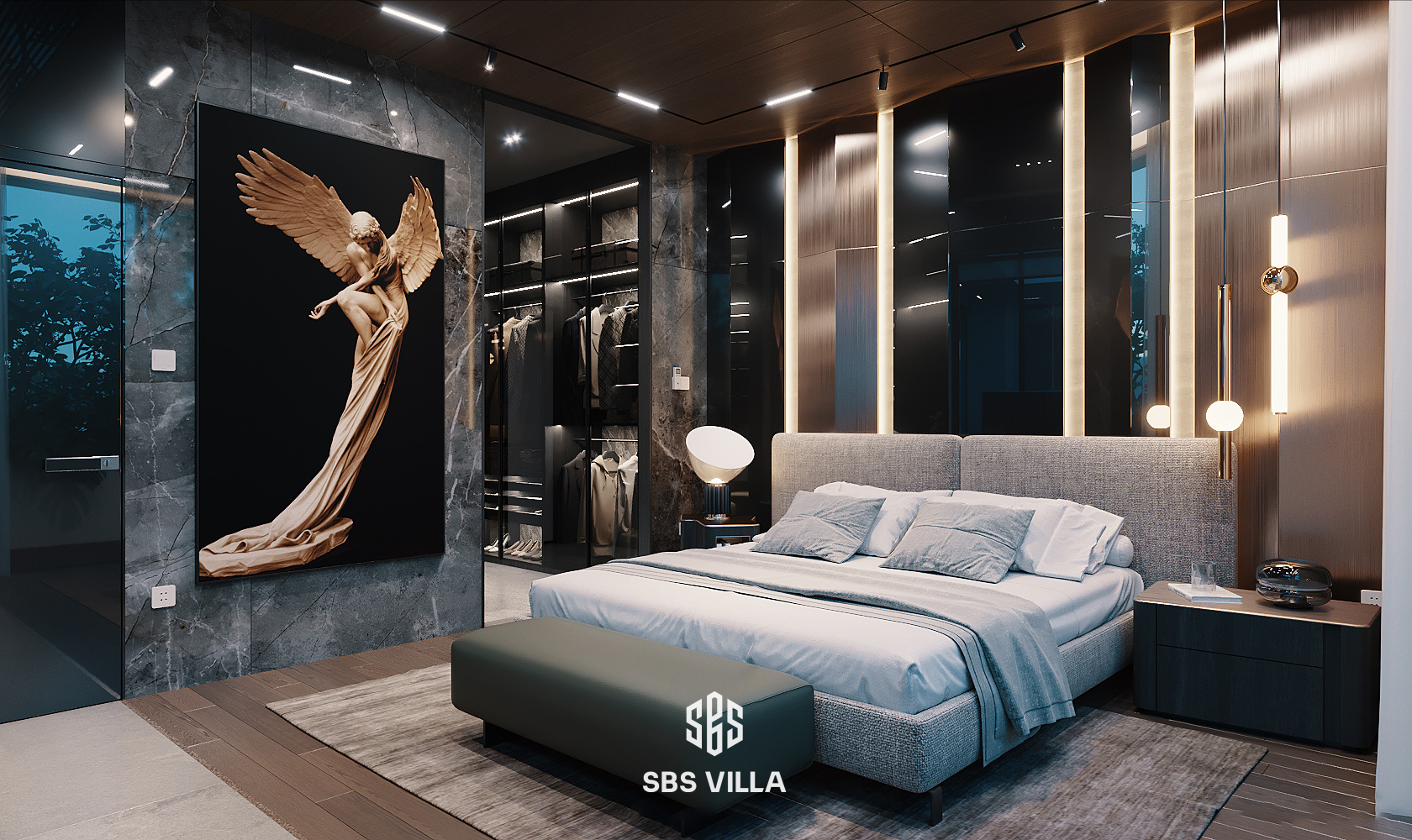 Thiết kế phòng ngủ nổi bật với các đường nét tối giản. Lấy sắc vàng sang trọng và ấm cúng từ hệ thống ánh đèn cao cấp và bức tranh nghệ thuật đầy tính thẩm mỹ tạo nên điểm nhấn cho căn phòng