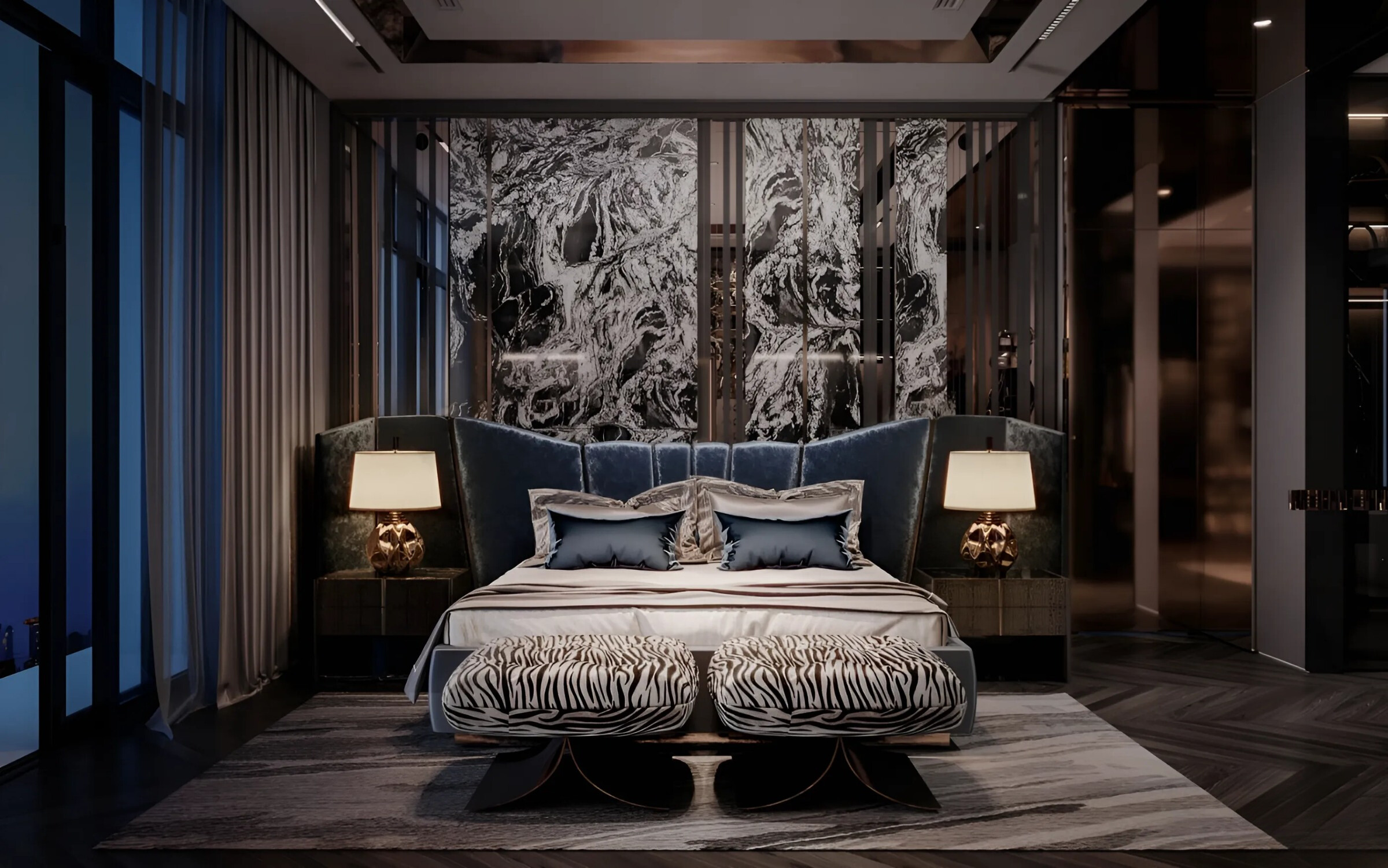 Mẫu phòng ngủ luxury với điểm nhấn màu xanh độc đáo, sang trọng