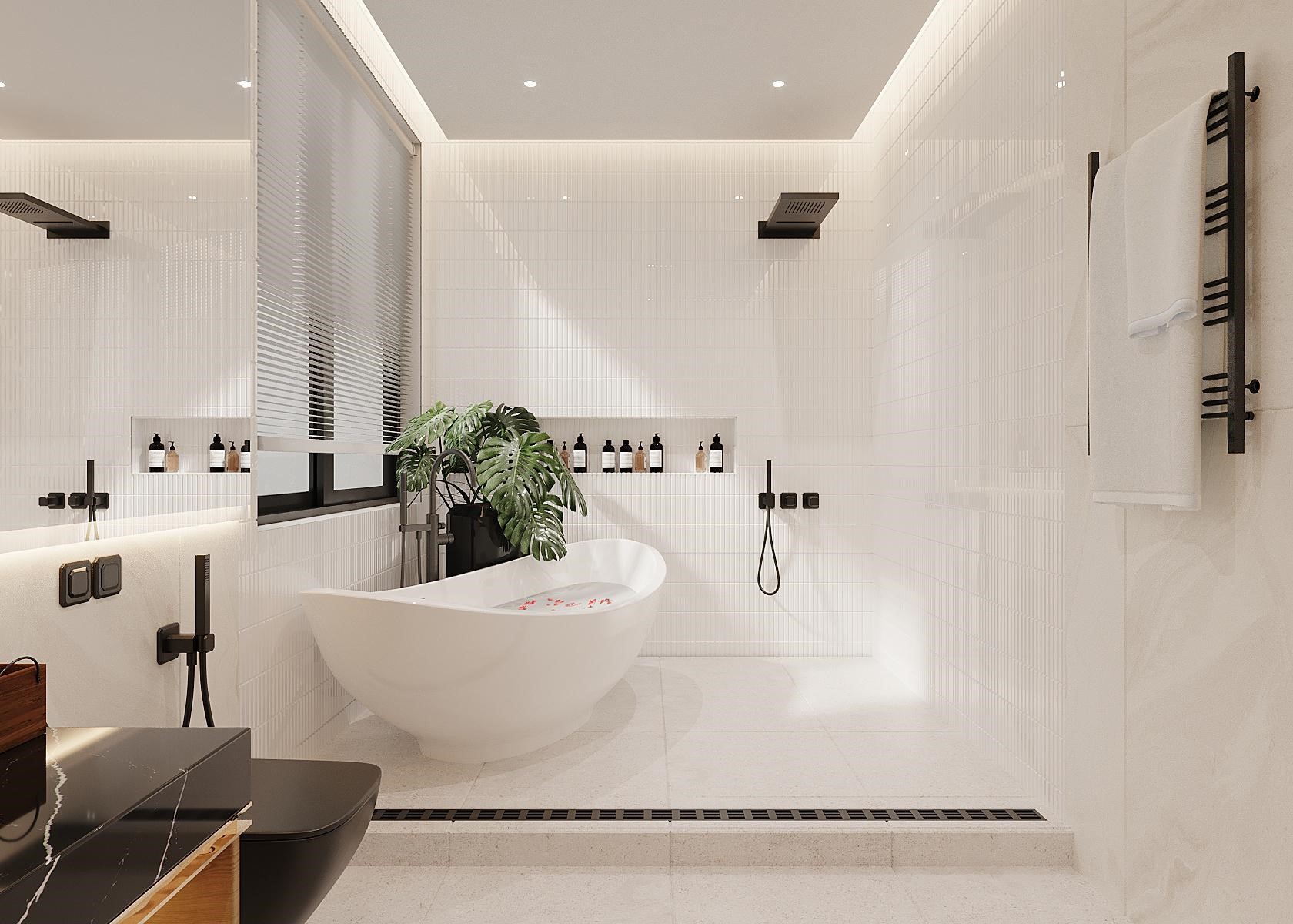 Trang trí nội thất phòng tắm biệt thự bằng bồn tắm kết hợp vòi sen hiện đại