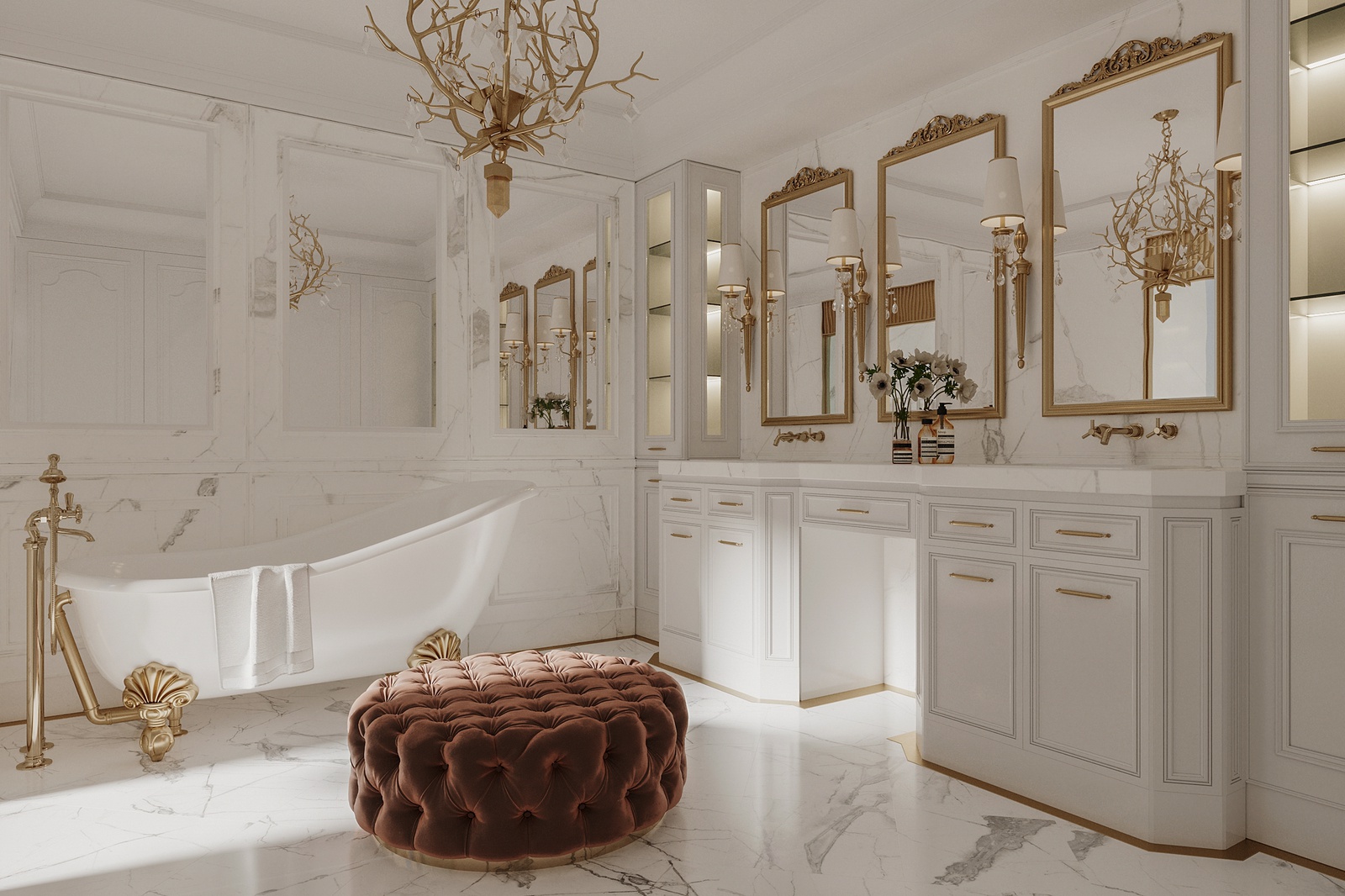 Chất liệu mạ vàng trở thành điểm nhấn chủ đạo của không gian phòng tắm Luxury
